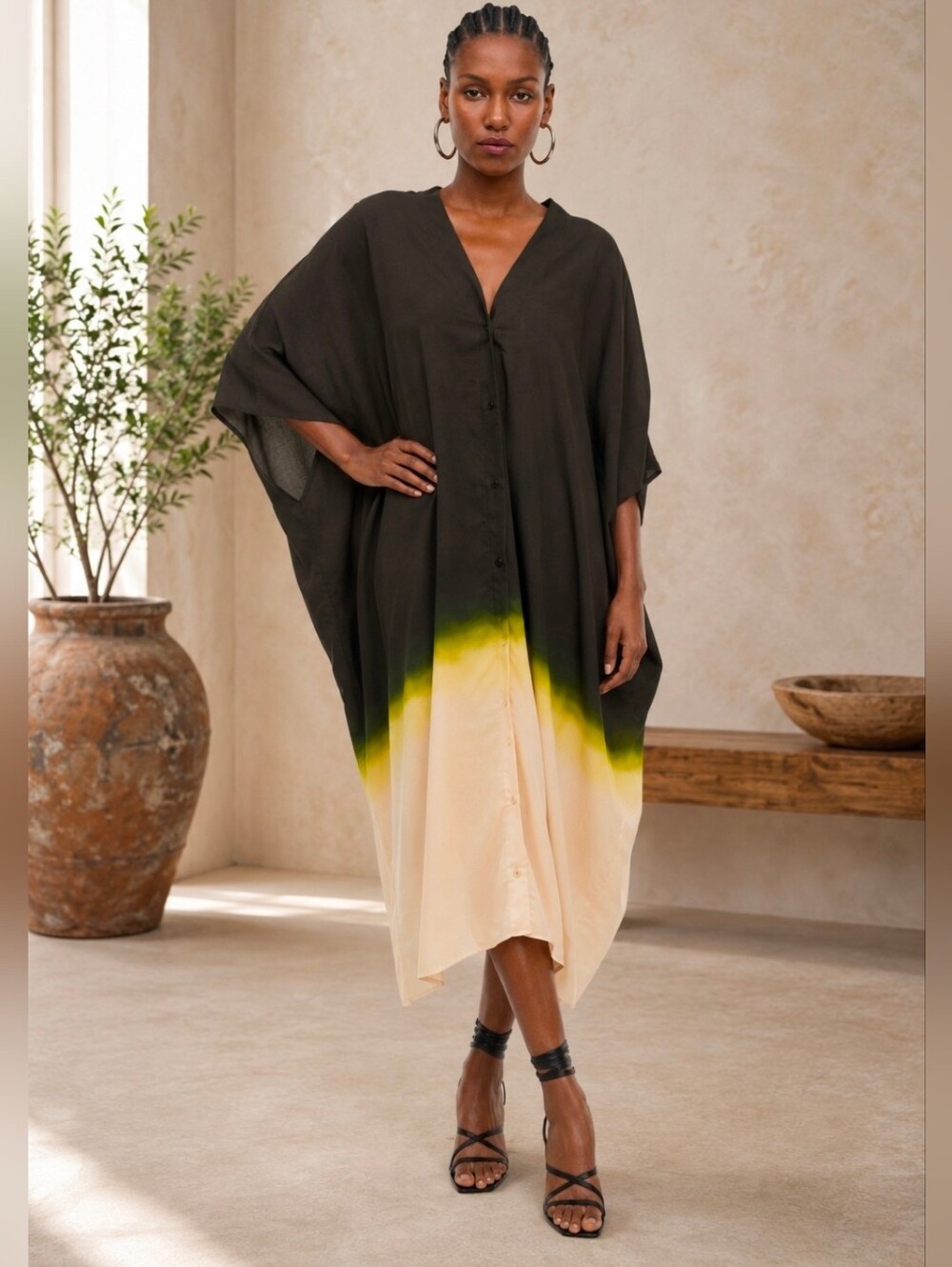 Black to Cream Ombre Button Down Partial Sheer Dress